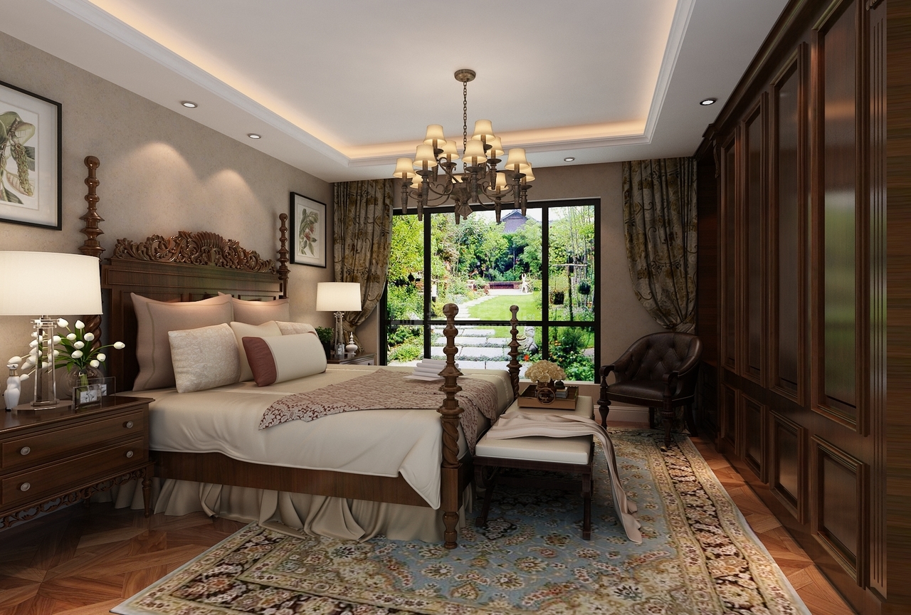 复古的拼花木地板和同色系的美式实木家具相呼应，实木质地的美式大床，配合房间内充足的采光，营造出一种娴静幽雅的舒适之感。